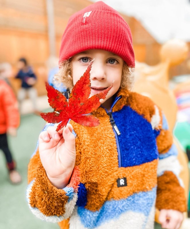 childcare child holding red leaf in playground | GPS: 49.097417, -122.217511 Childcare Child Holding Red Leaf In Playground | GPS: 49.097417, 122.217511